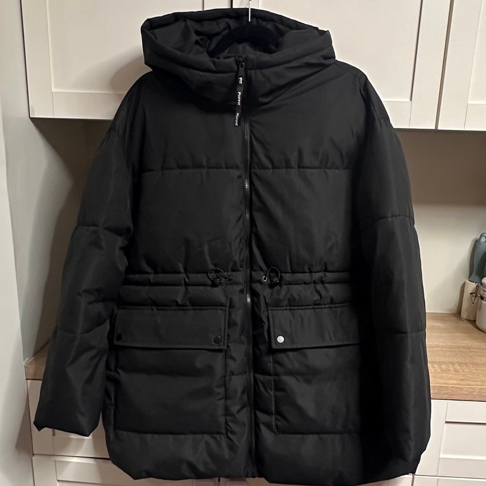 Puffit Women's Black Hooded Puffer‎ Jacket Oversized Coat Outdoor Warm Gorpcore